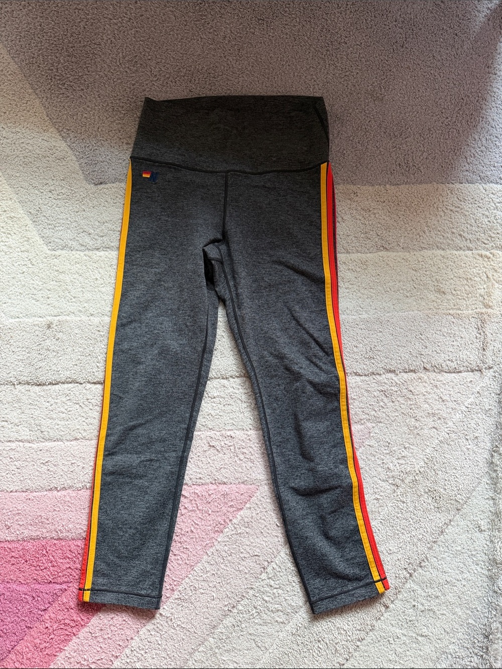 Aviator Nation Charcoal Leggings with Yellow & Red Side Stripes